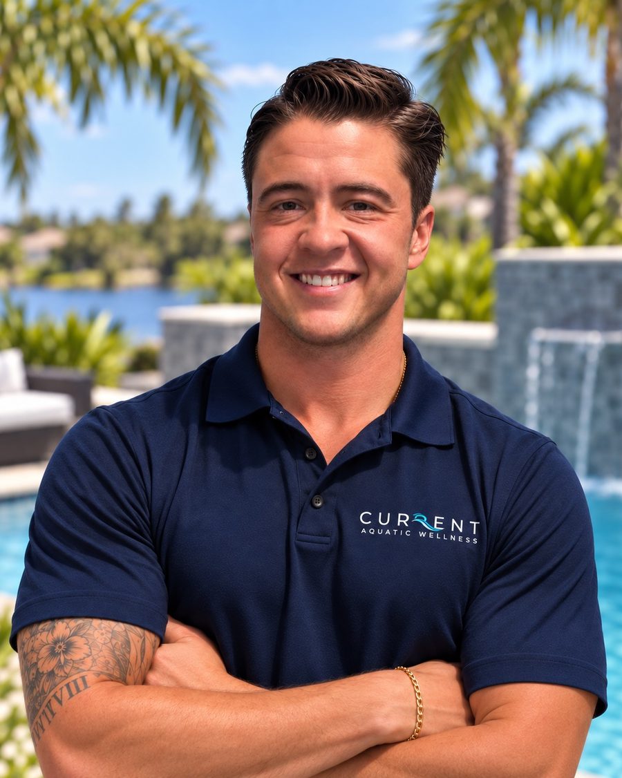 Jayce, founder and trainer at Current Aquatic Wellness, poolside in a Current Aquatic Wellness polo
