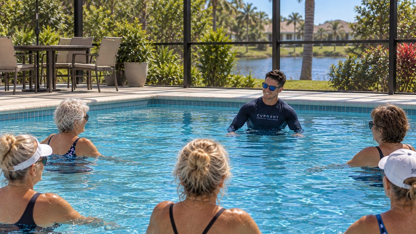 Jayce leading a small private group aquatic training session in a screened community pool